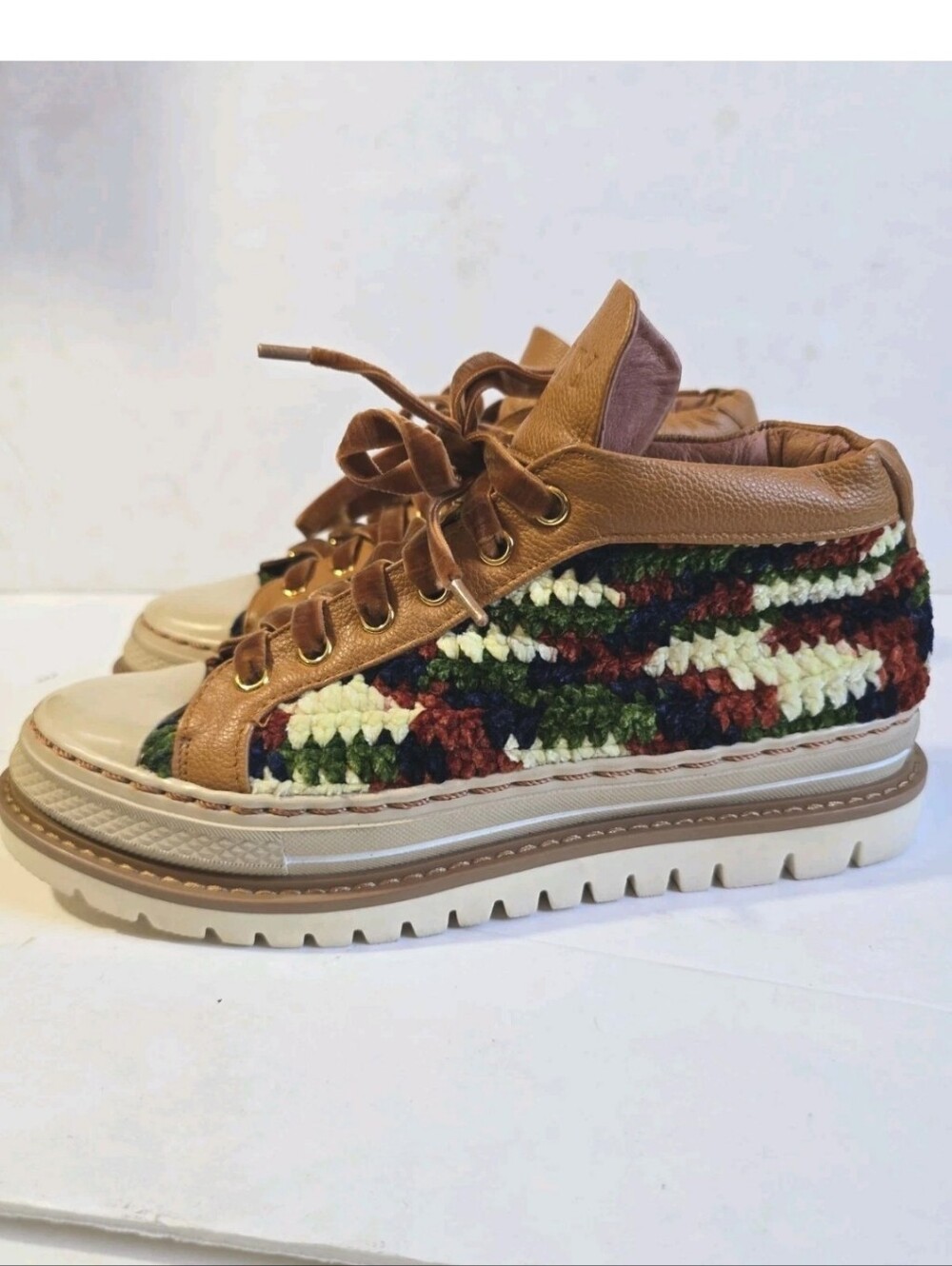 Krojay Chunky Crochet Panel High-Top Sneakers - Tan & Multicolor Size 10